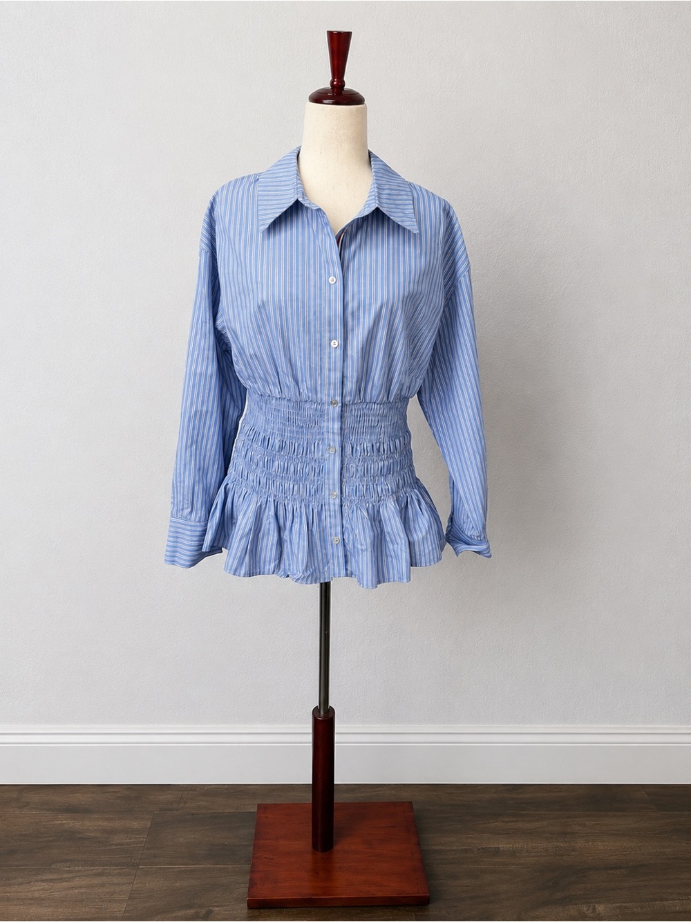 Maeve Anthropologie NWT Smocked Peplum Blue Stripe Cotton Blouse L - Picture 2 of 9